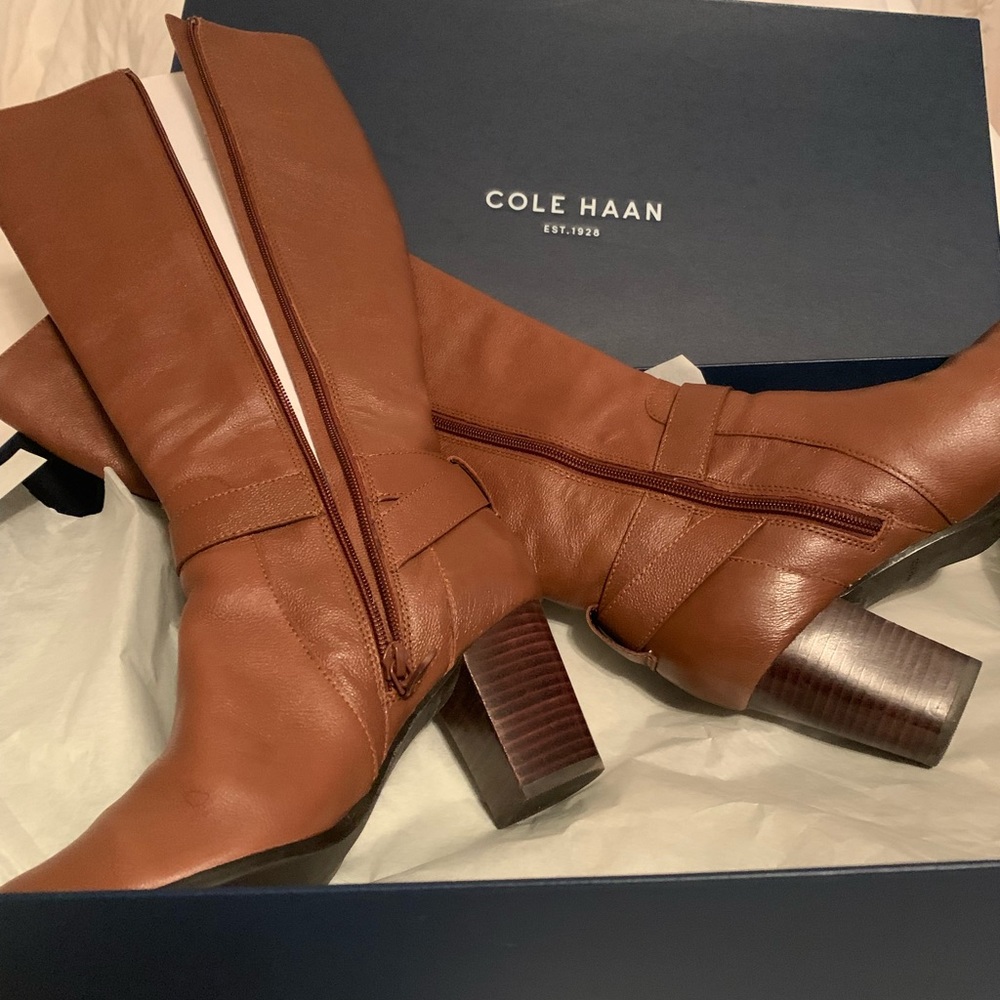 Cole haan brown wide shaft block heel boots